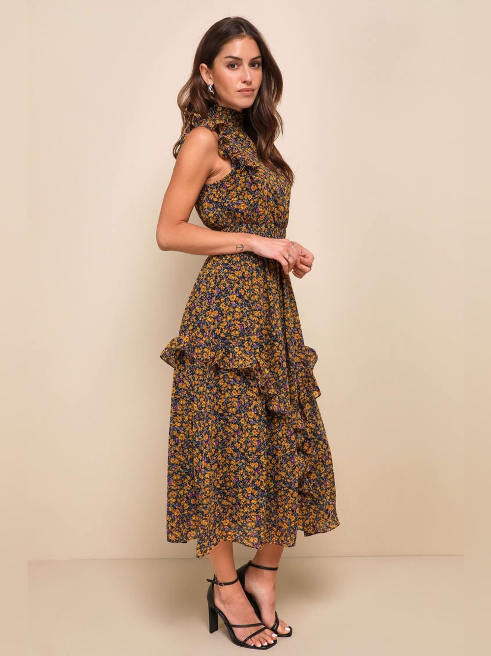 Lulus Evalina Mustard Yellow Floral Print Mock Neck Midi Dress Size Large NWOT - Picture 2 of 15